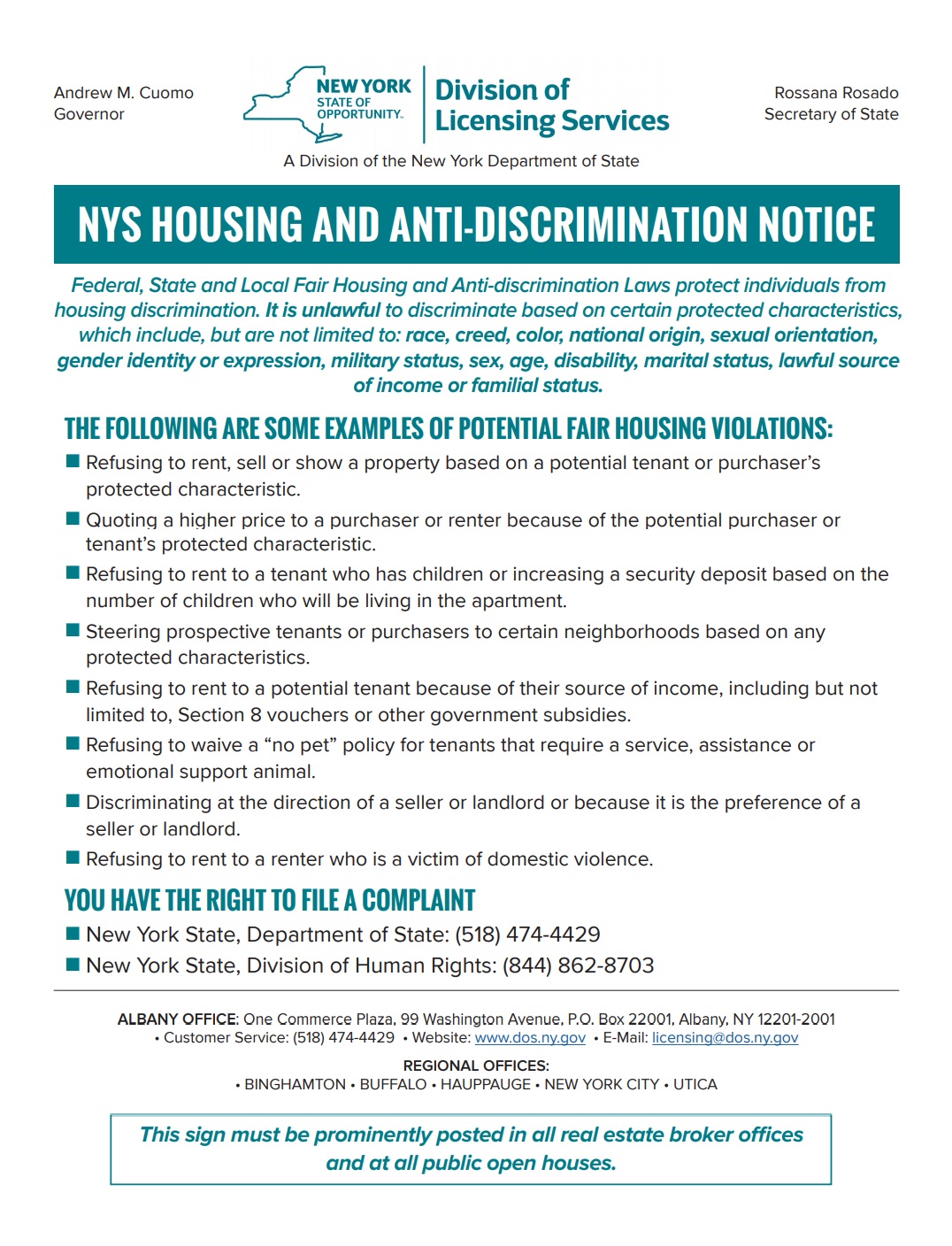 NYS Housing and Anti-Discrimination Notice of TESO Property Management in Middletown